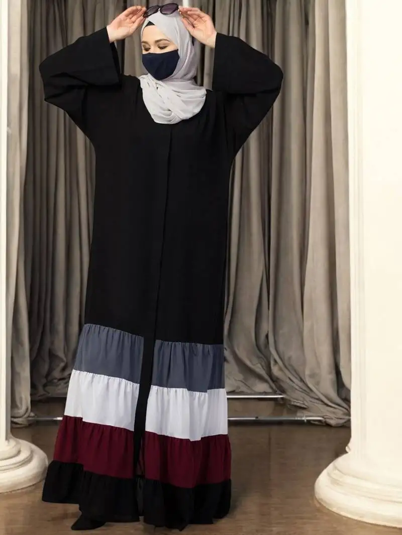 Multicolor front open- designer abaya with multi colored gathered layers