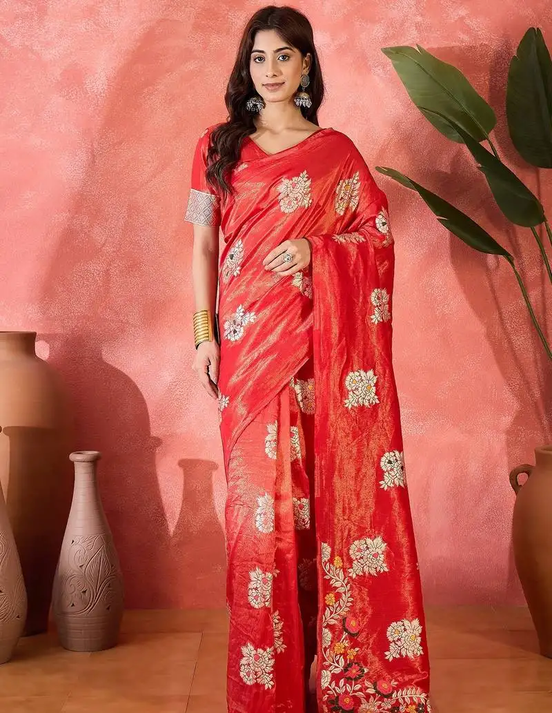 Red shimmer art silk woven jacquard saree