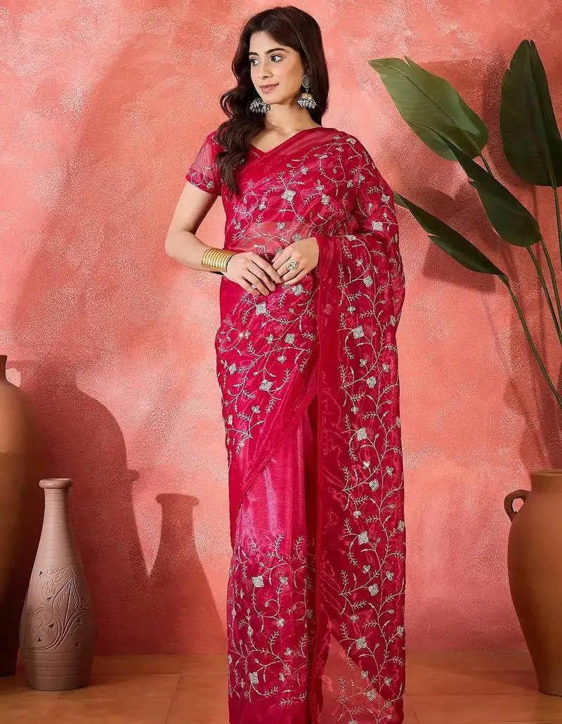 Red twill net sequins embroidered saree
