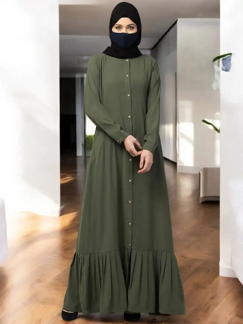 Green front open- designer abaya with gathered hem