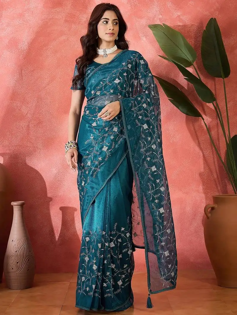 Teal twill net sequins embroidered saree