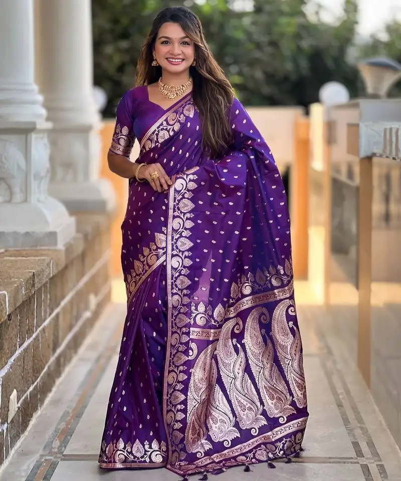 Violet banarasi art silk with woven jacquard saree