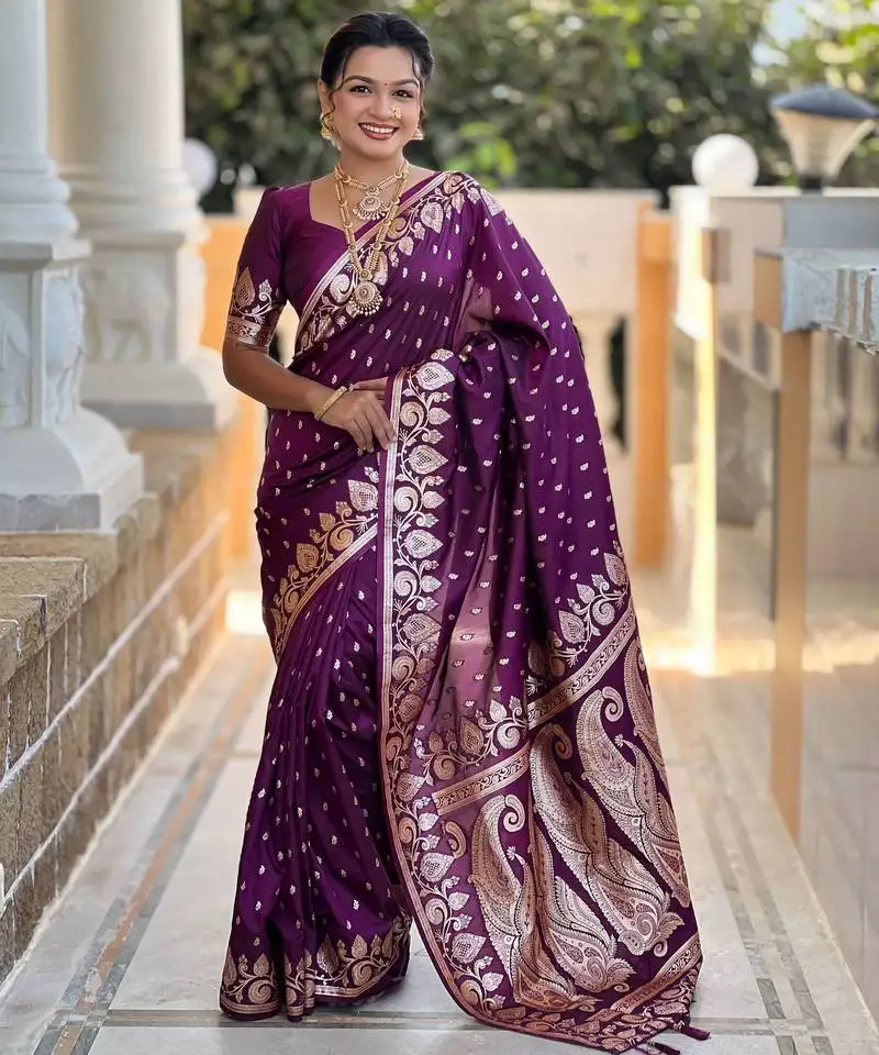 Wine banarasi art silk with woven jacquard saree