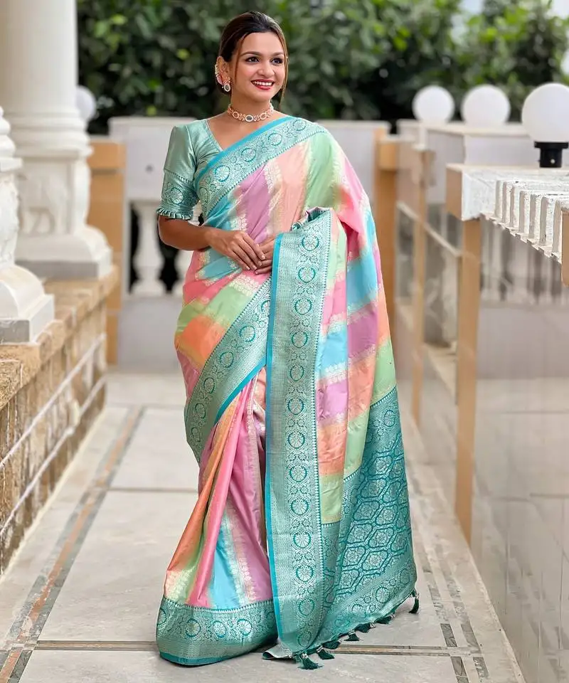 Aqua multicolor soft art silk woven jacquard saree