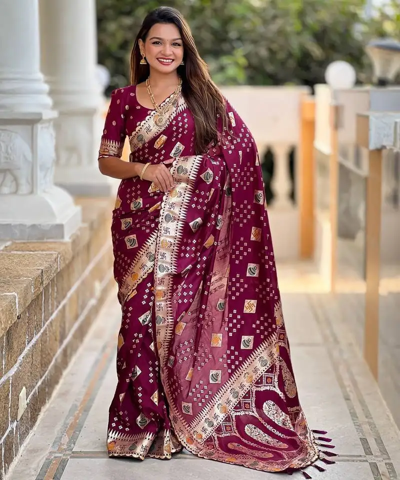 Woven meenakari maroon dola art silk saree