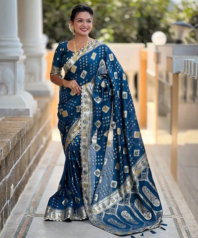 Woven meenakari teal blue dola art silk saree