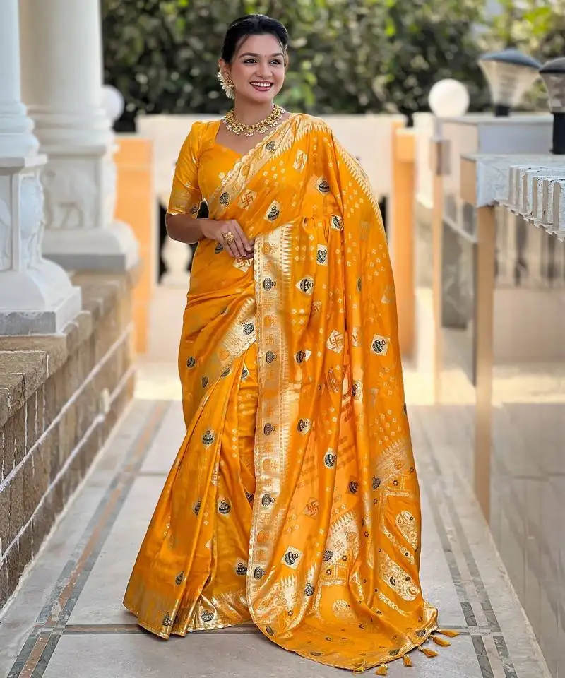 Woven meenakari yellow dola art silk saree