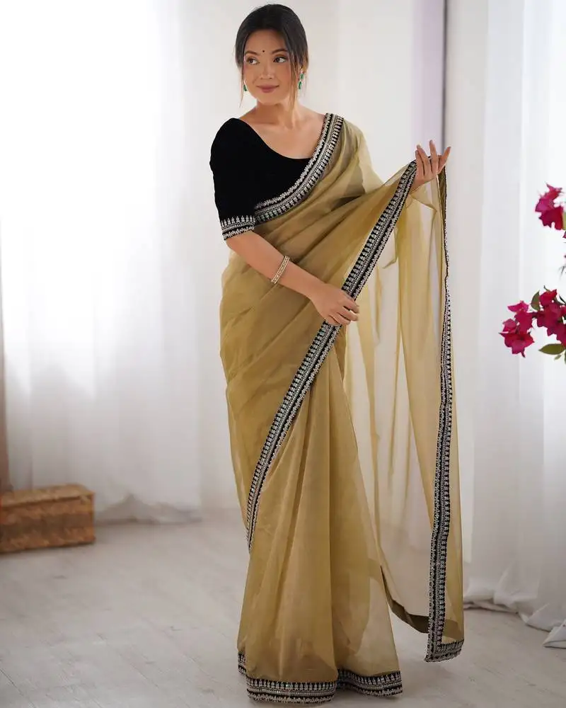 Beige twill net saree