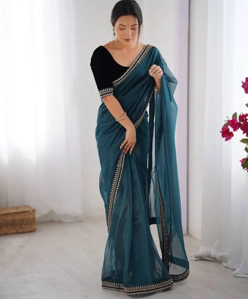 Teal twill net saree