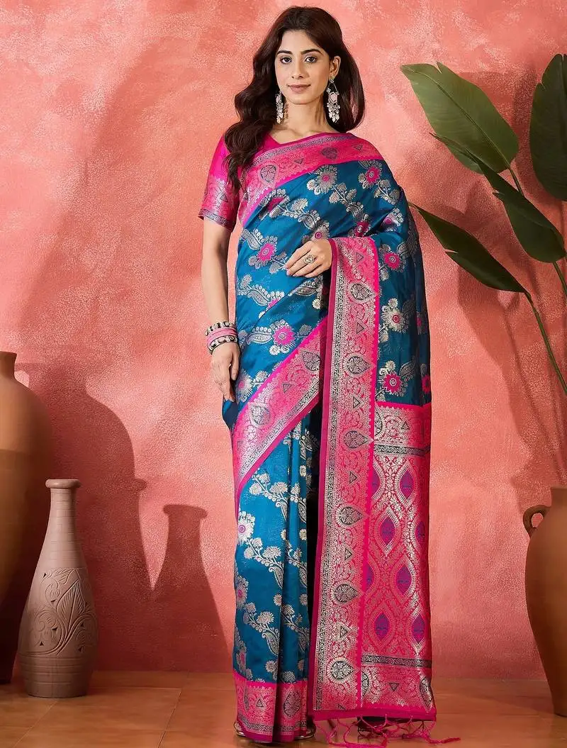 Teal blue art silk woven saree