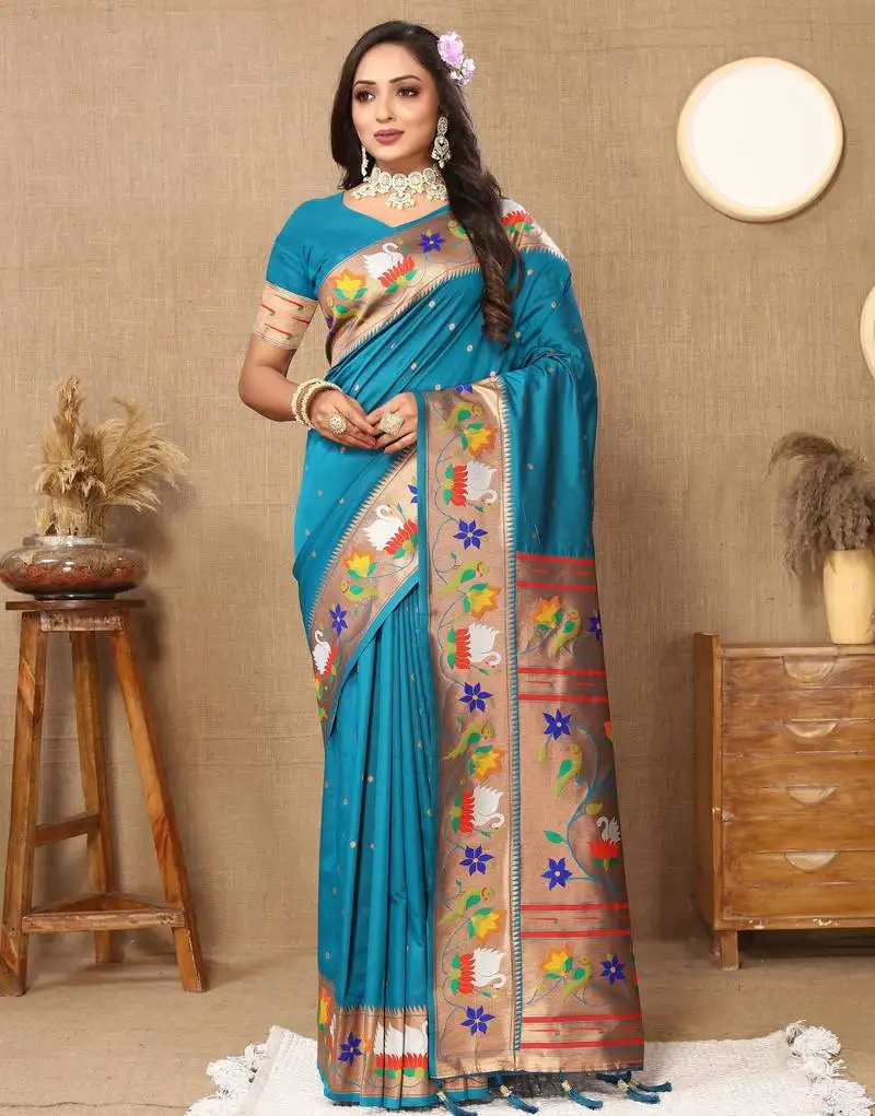 Teal blue paithani art silk woven meenakari saree