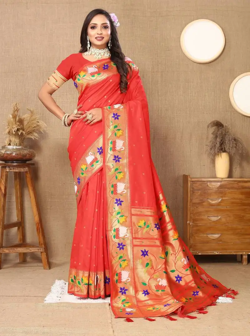 Red paithani art silk woven meenakari saree