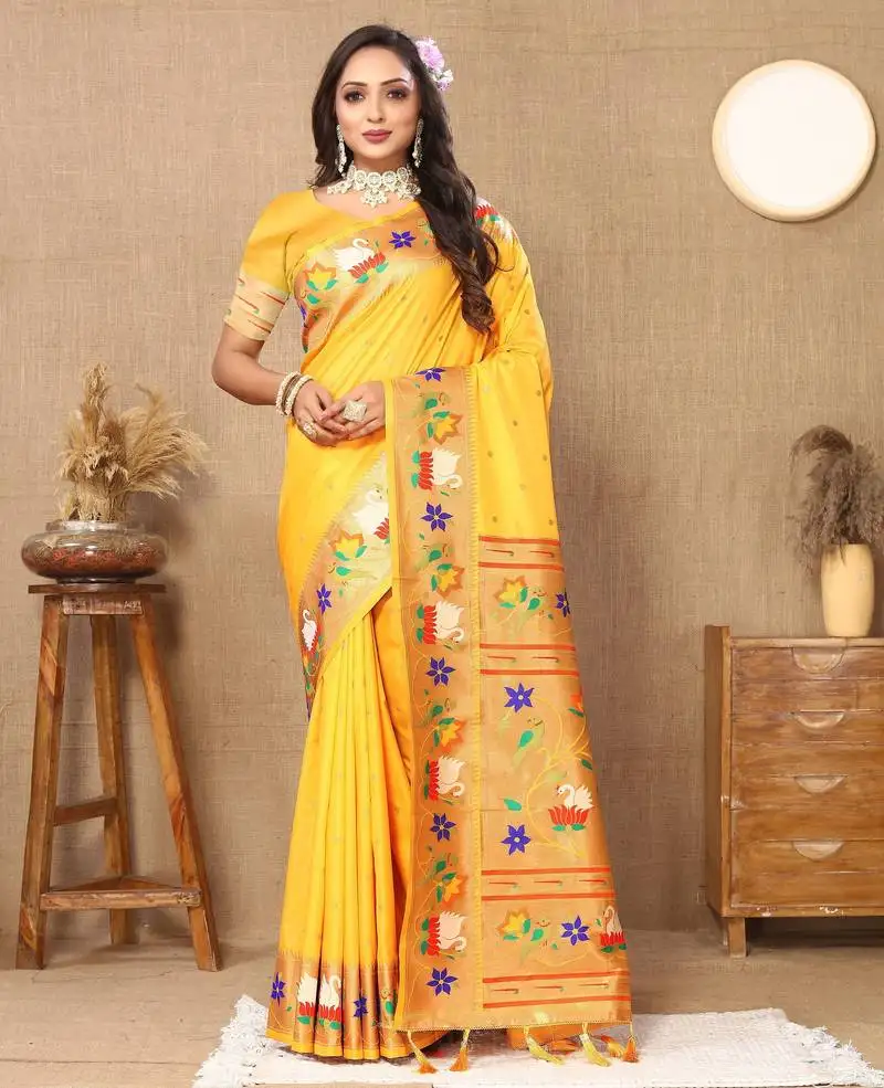Yellow paithani art silk woven meenakari saree