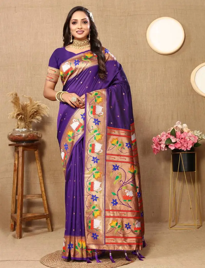 Violet paithani art silk woven meenakari saree
