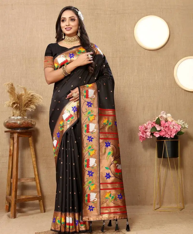 Black paithani art silk woven meenakari saree