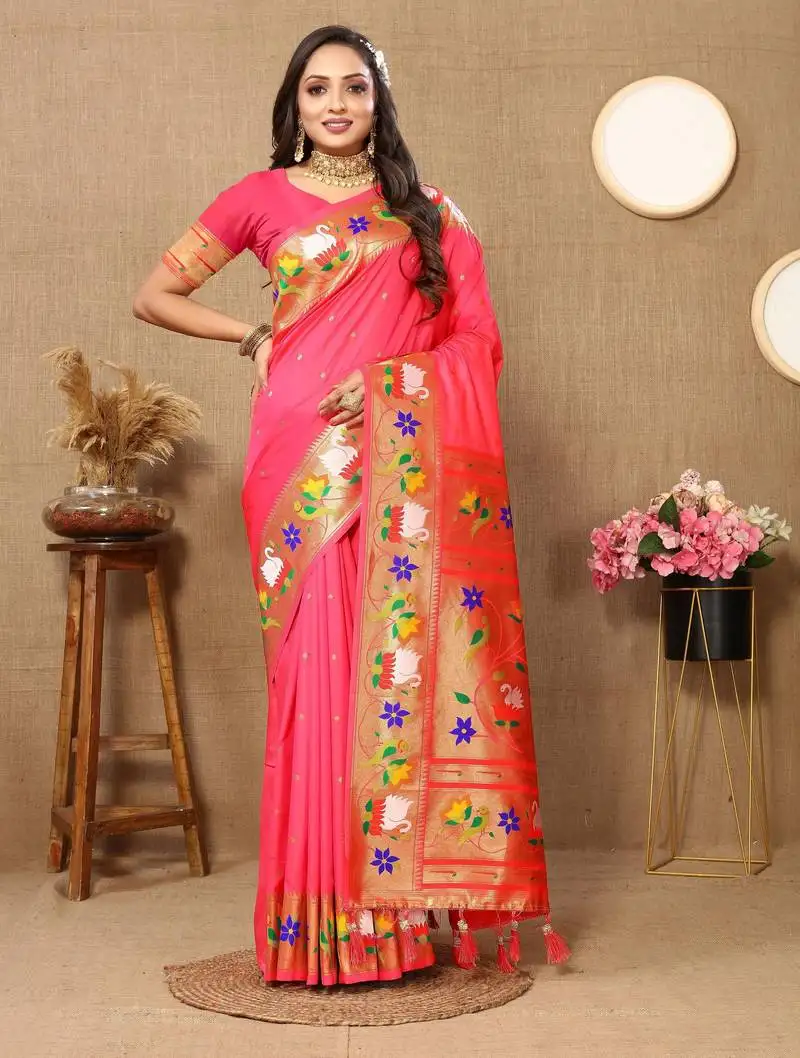 Rust paithani art silk woven meenakari saree