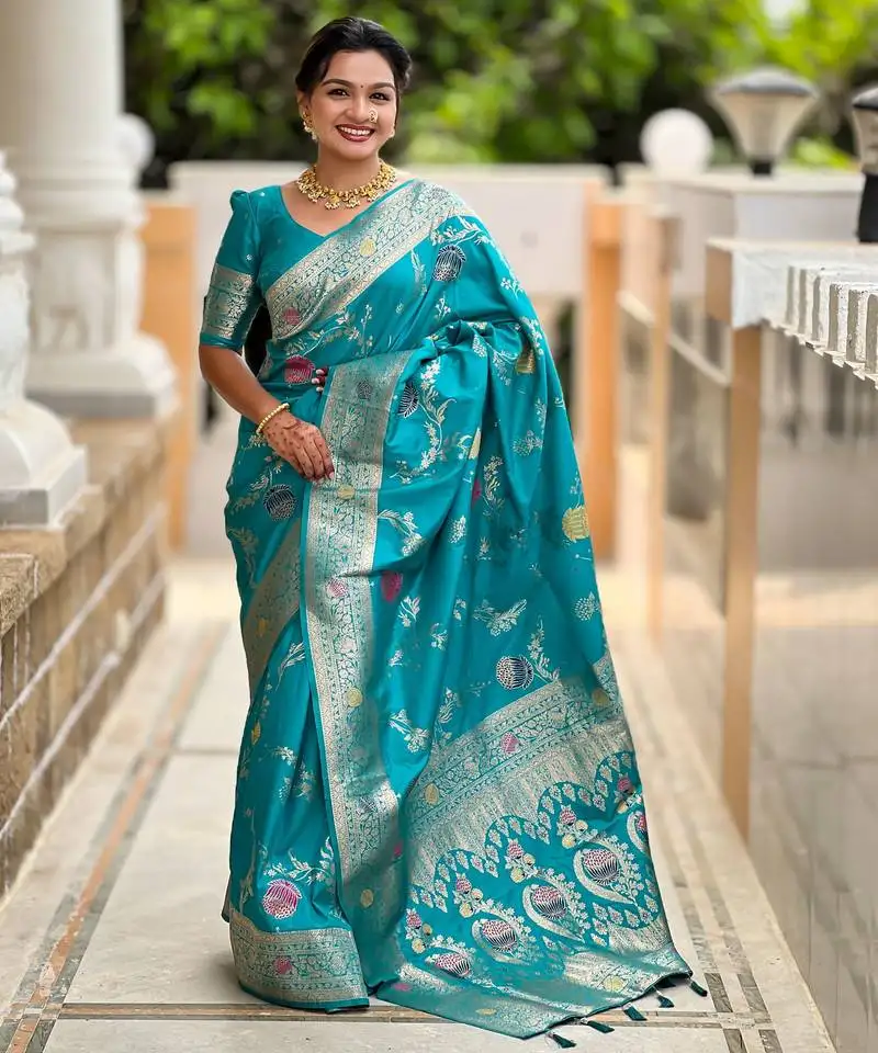 Sea green banarasi art silk woven meenakari saree