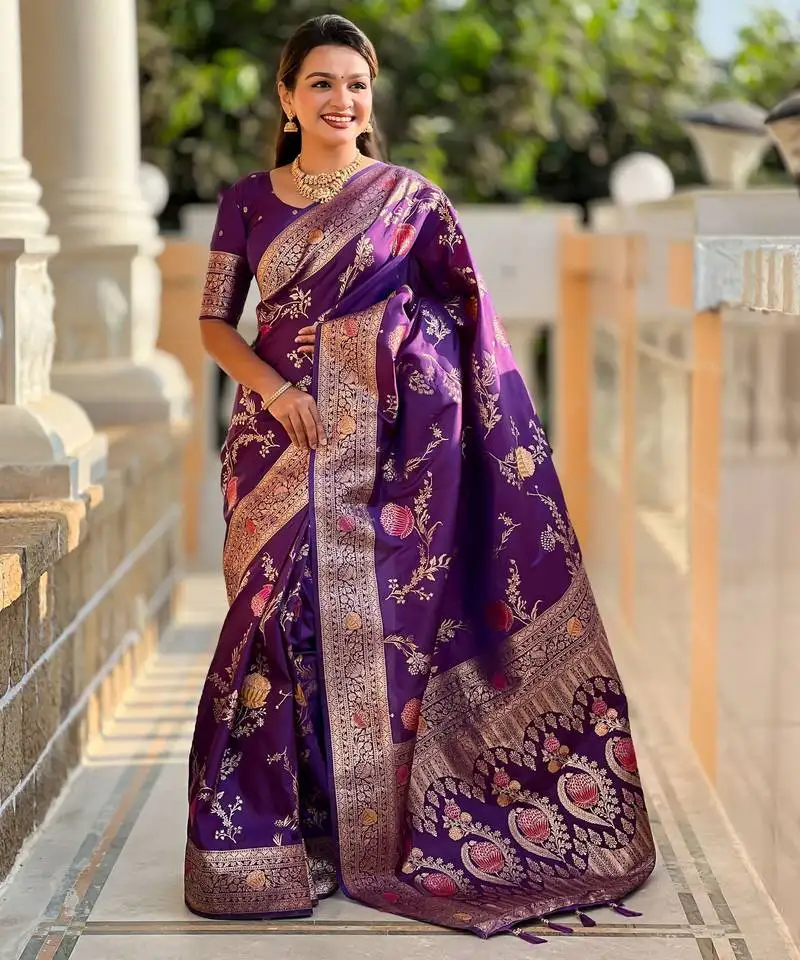 Violet banarasi art silk woven meenakari saree