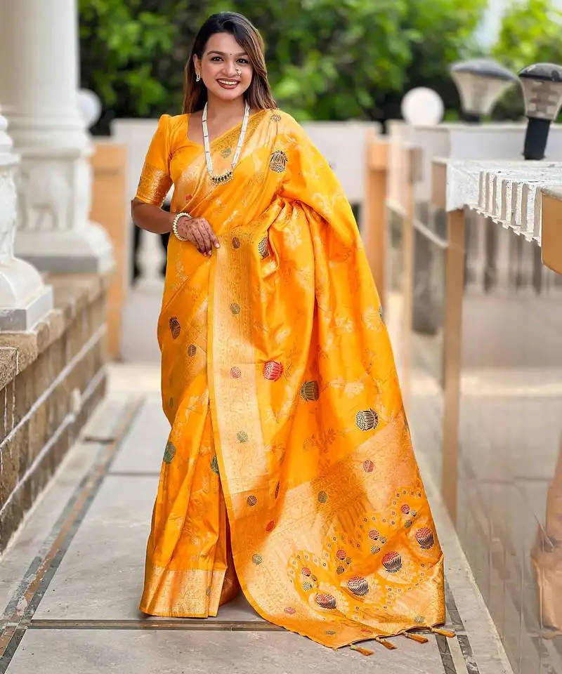 Yellow banarasi art silk woven meenakari saree