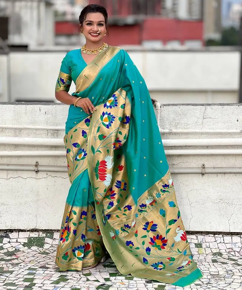 Sea green woven meenakari polka paithani art silk saree