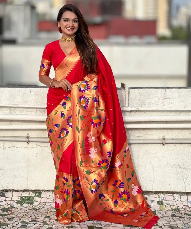 Red woven meenakari polka paithani art silk saree