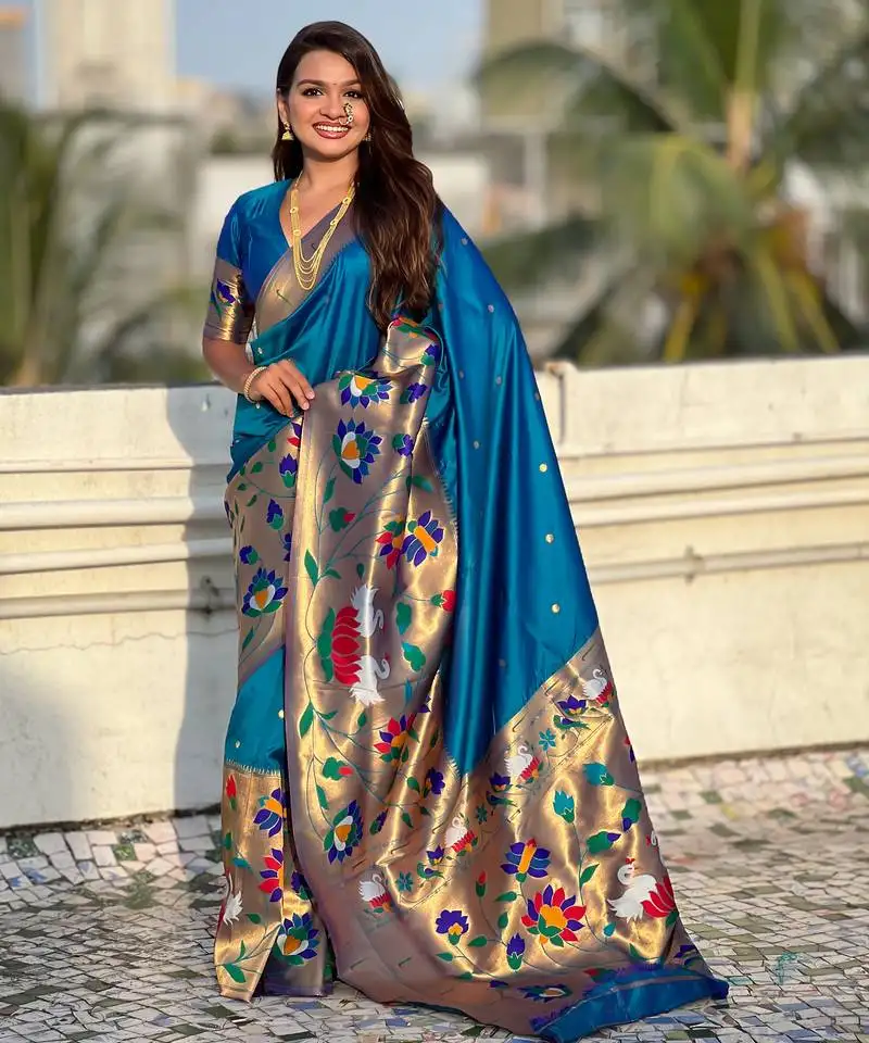 Teal blue woven meenakari polka paithani art silk saree