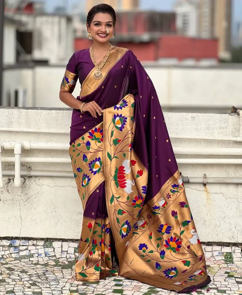 Wine woven meenakari polka paithani art silk saree