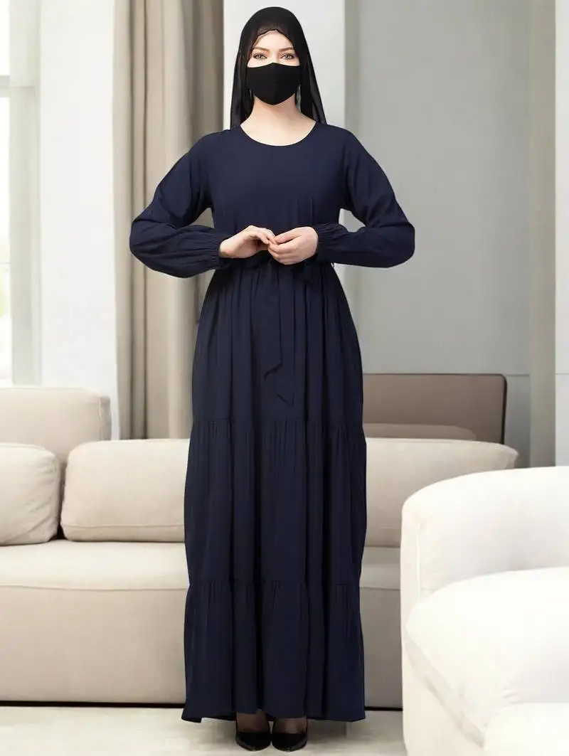 Navy-blue four tiered abaya with frills