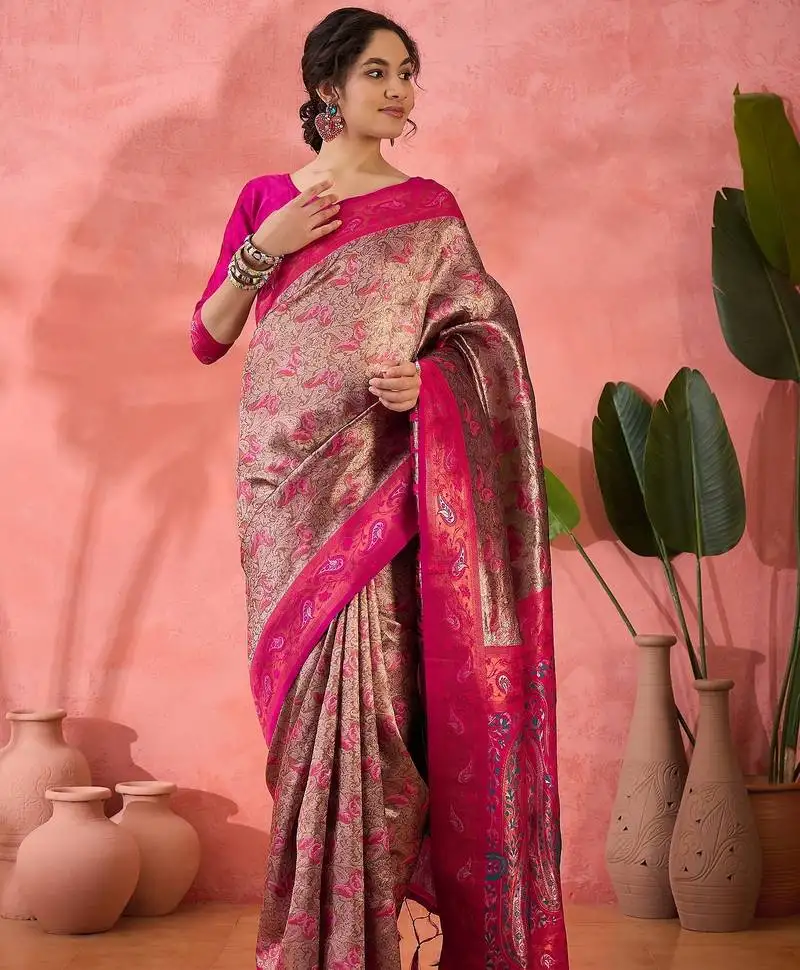 Woven jacquard silk blended pink saree