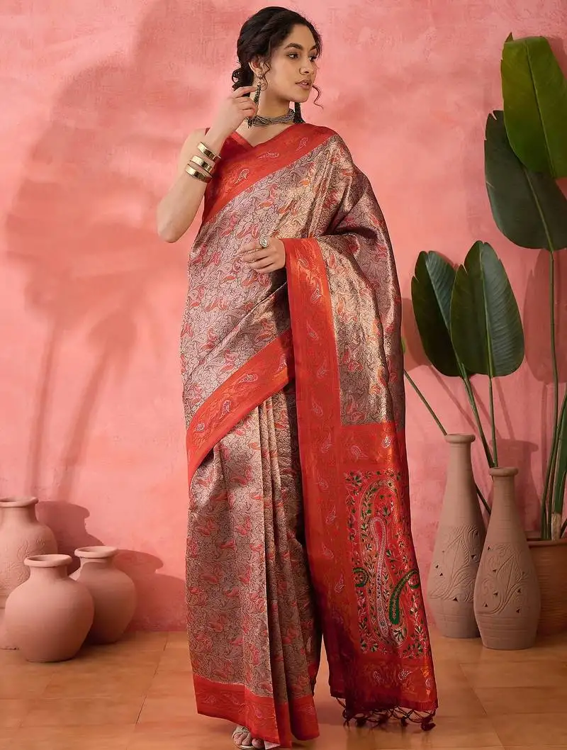 Woven jacquard silk blended brown saree
