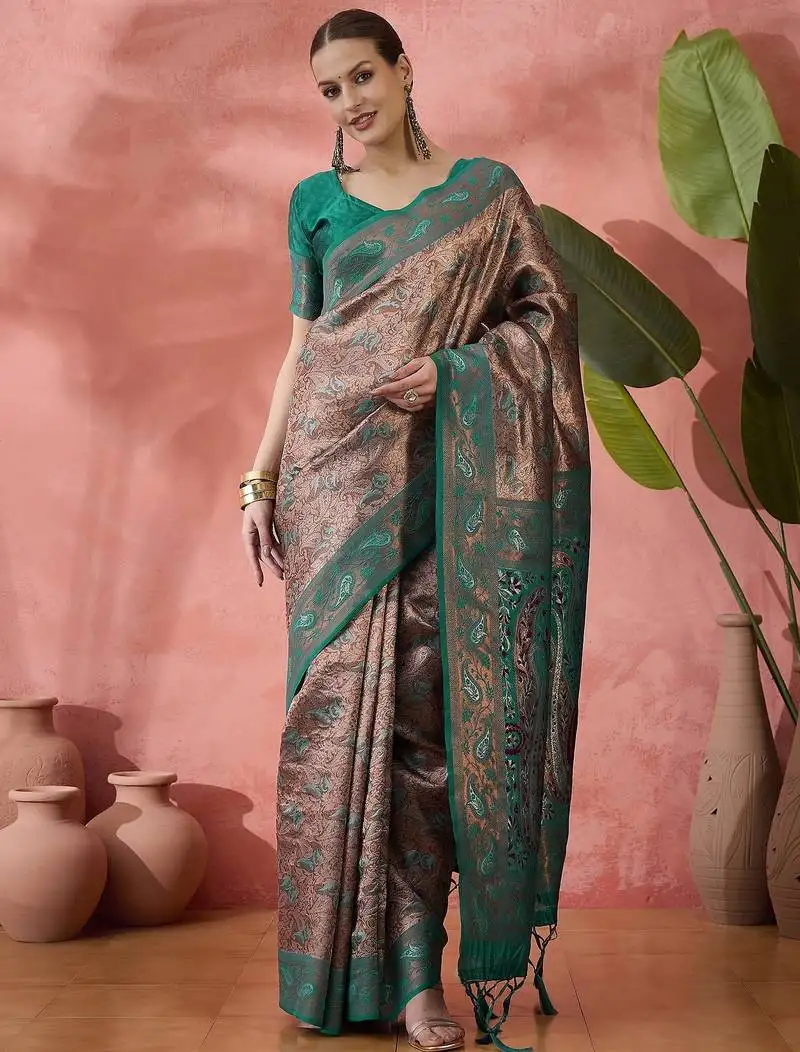 Woven jacquard silk blended rama saree