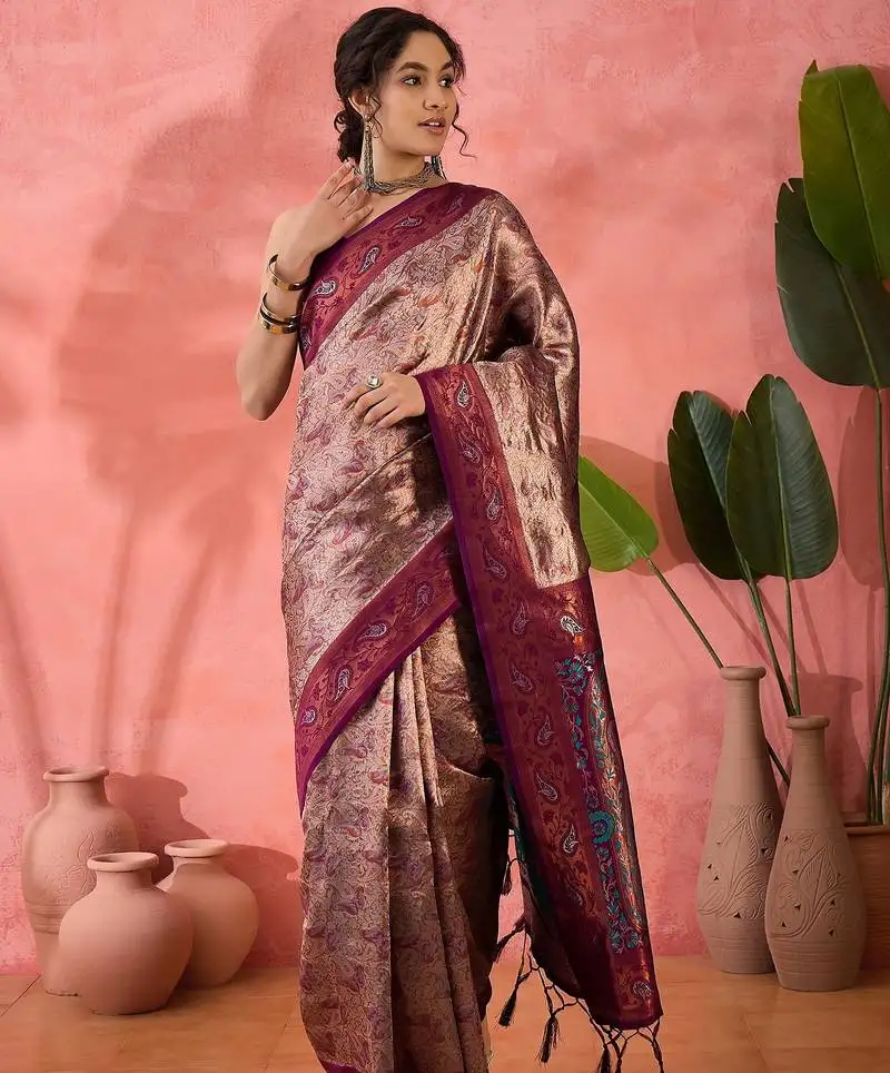 Woven jacquard silk blended wine saree