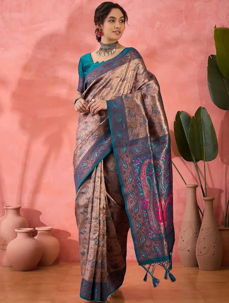Woven jacquard silk blended teal blue saree