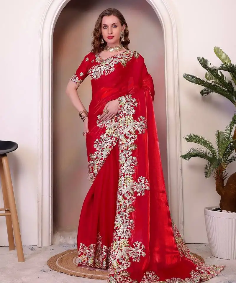 Red jimmy choo heavy sequins saree