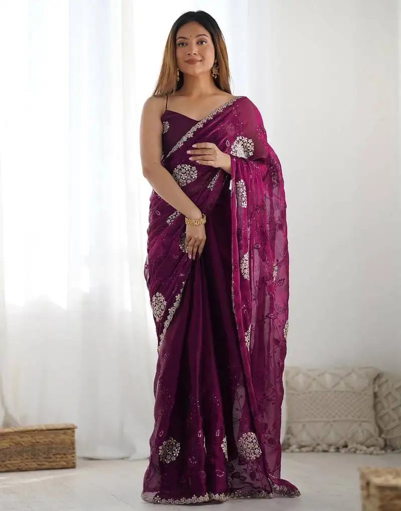 Wine embroidered jimmy choo saree