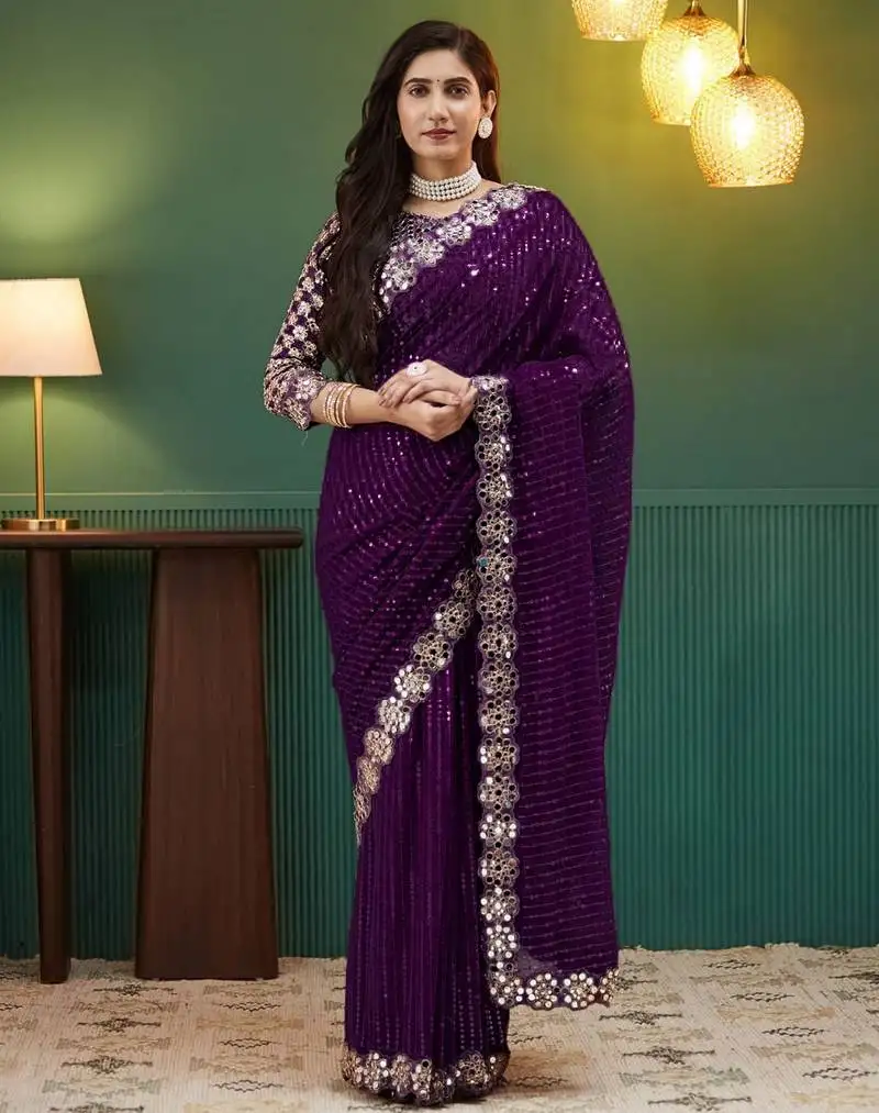 Wine georgette wedding saree