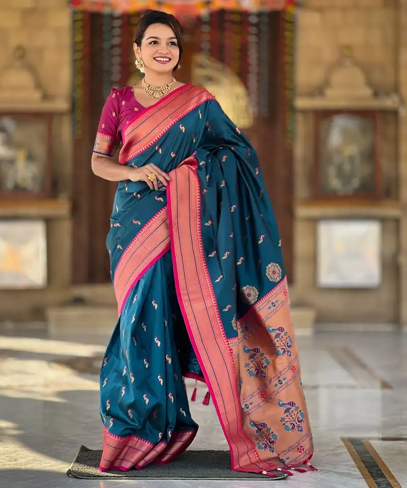 Teal blue paithani art silk woven jacquard saree