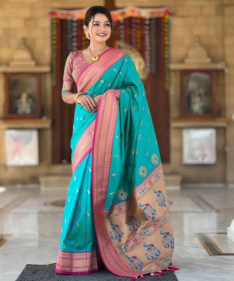 Turquoise paithani art silk woven jacquard saree