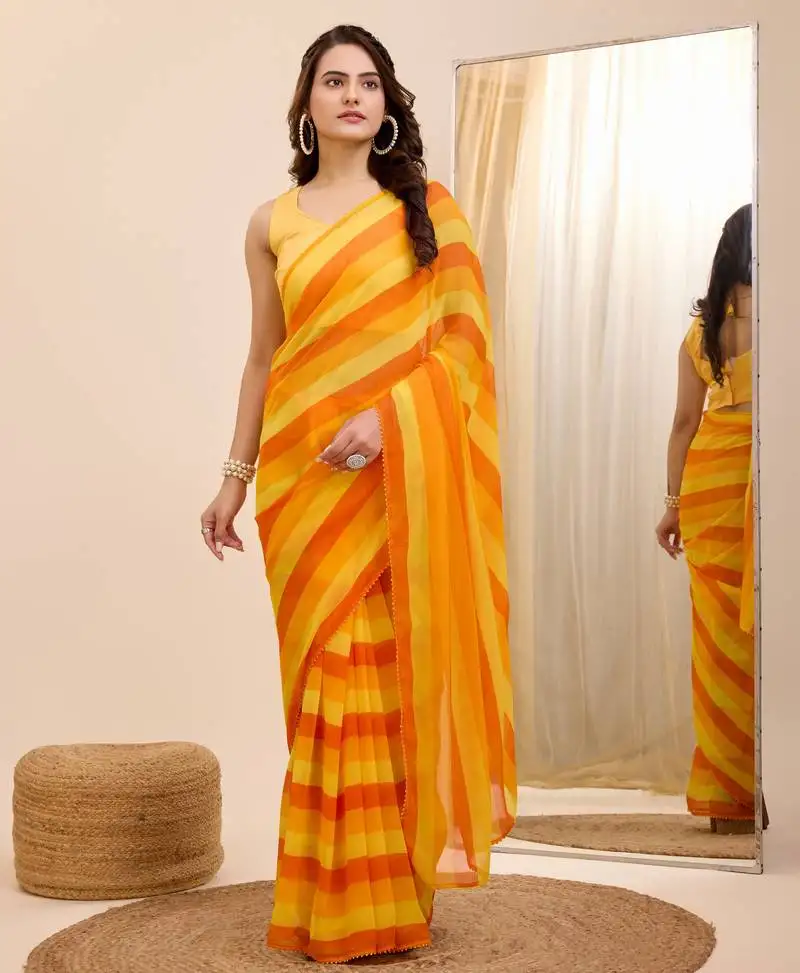 Yellow georgette printed ready to wear saree