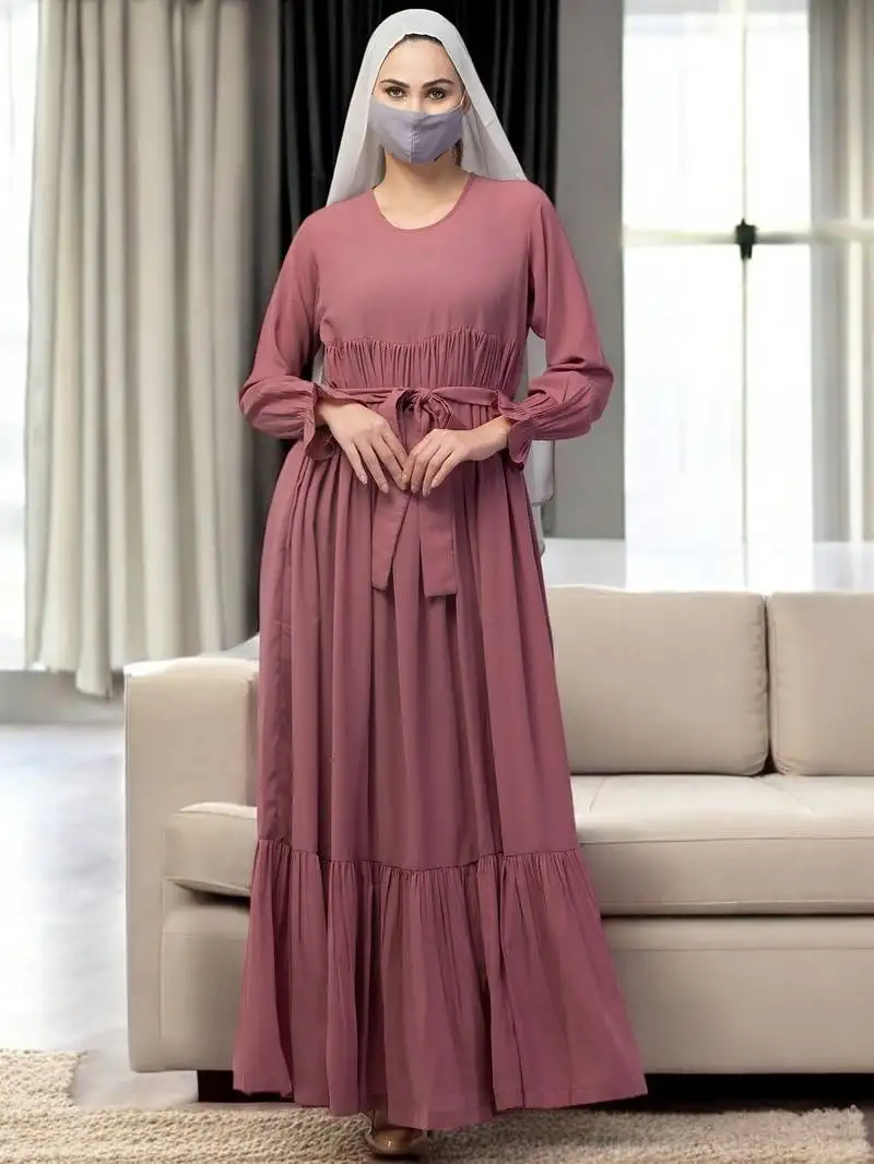 Pink multi layered abaya dress with belt & elasticated bell sleeves