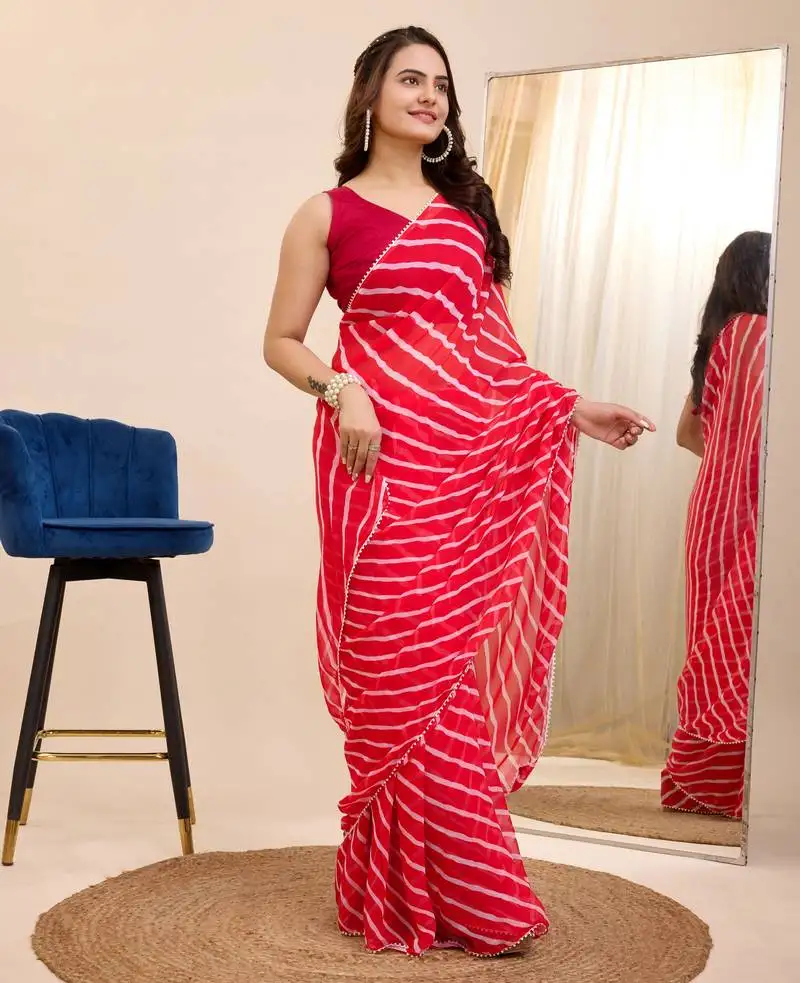 Red georgette printed ready to wear saree