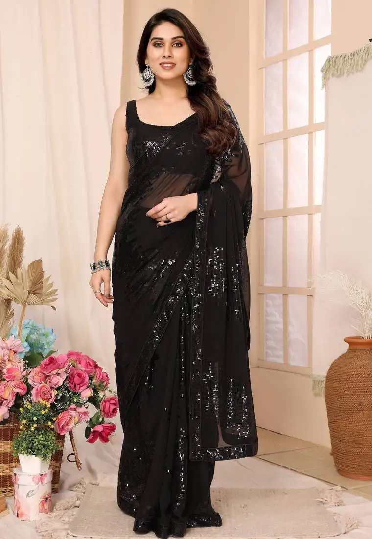 Black georgette ready to wear sequins embroidered saree