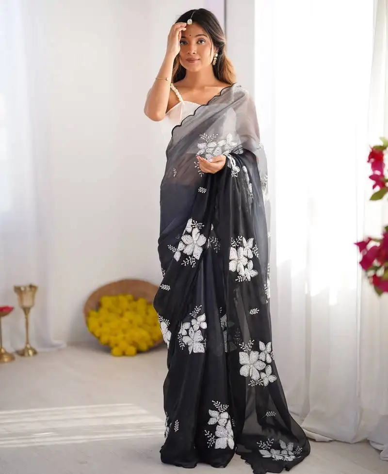 Black jimmy choo dual sequin embroidered saree