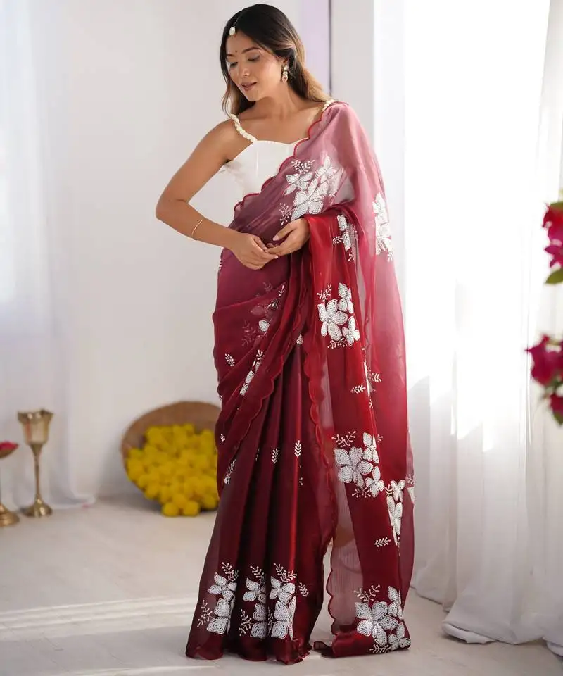 Wine jimmy choo dual sequin embroidered saree