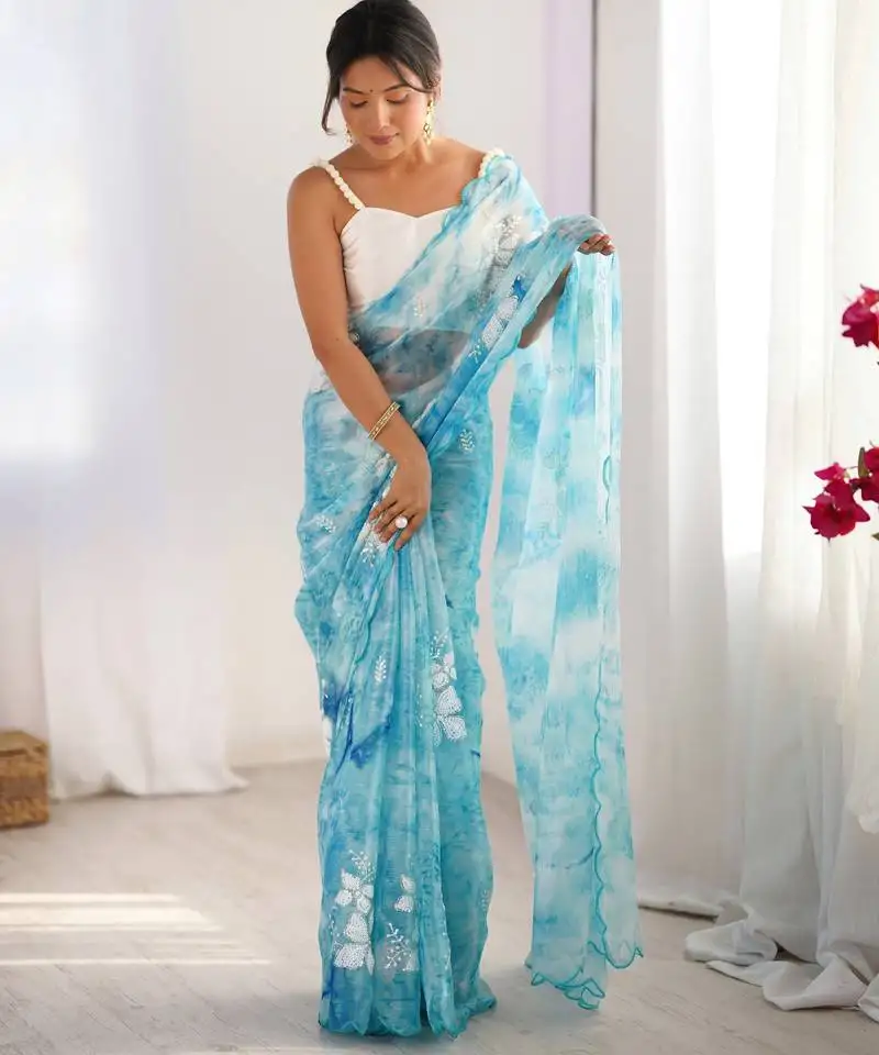 Sky blue jimmy choo sequins embroidered saree