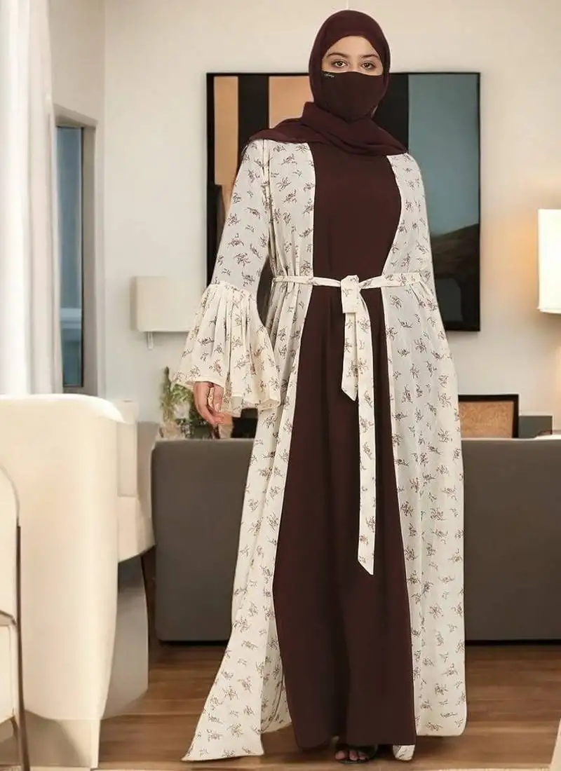 Brown 2 pieces set of a printed designer shrug and an inner abaya