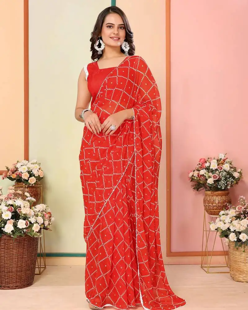 Red pinted ready to wear saree