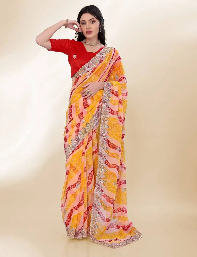Yellow georgette bandhej printed saree