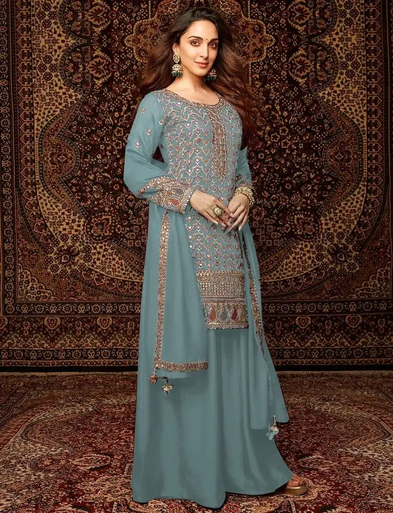 Sky embroidered chinon semi-palazzo style salwar suit semi stitched