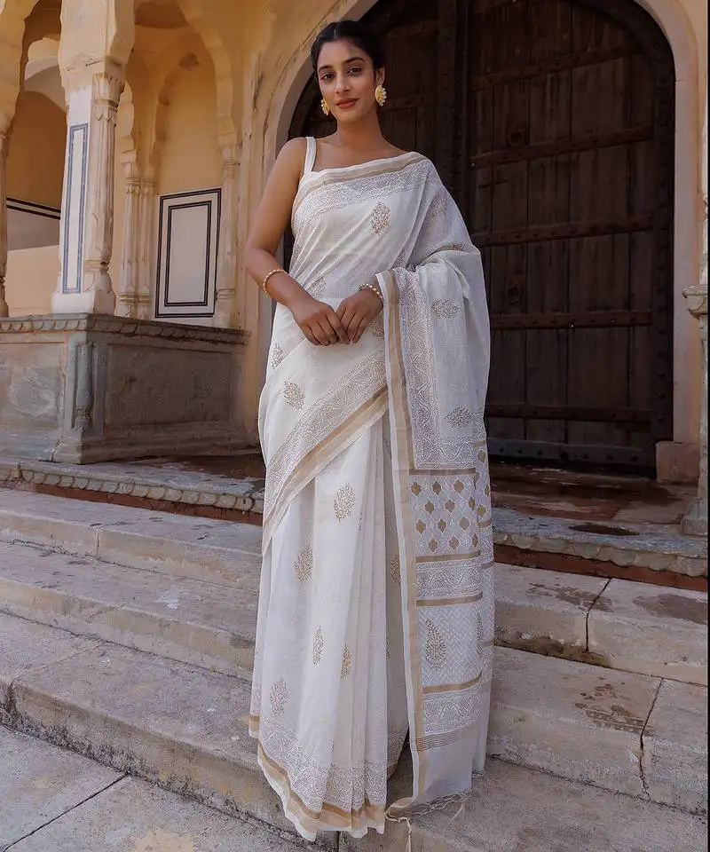 White hand block printed pure chanderi sustainable saree